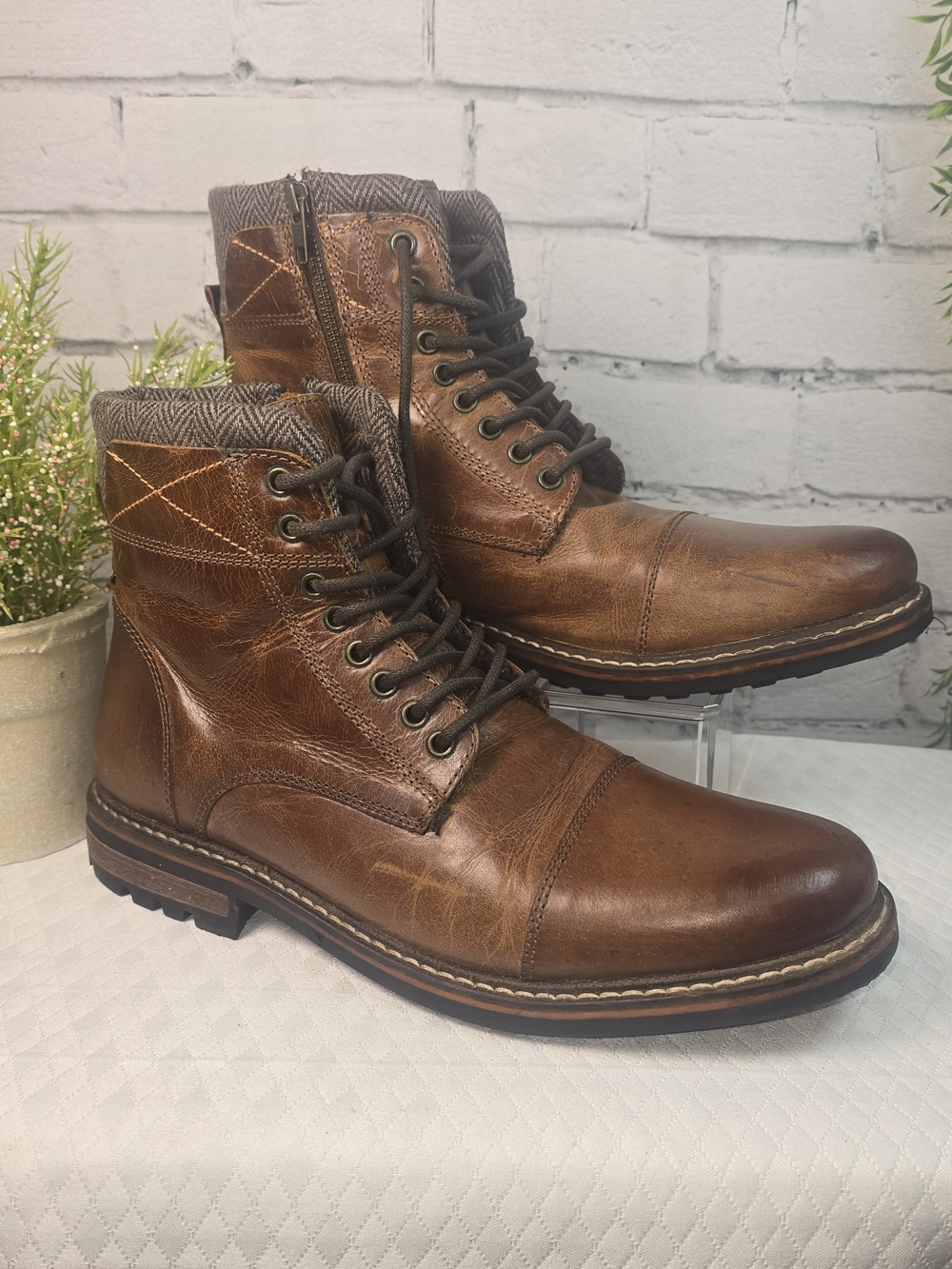 MENS CREVO CAMDEN LACE-UP BOOT DISTRESSED CHESTNUT LEATHER PADDED ANKLE SZ 13